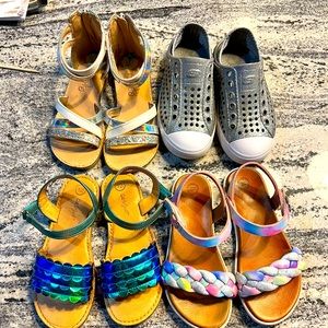 Four pairs of summer shoes size 12 sandals. Sketchers size 11 water shoes.